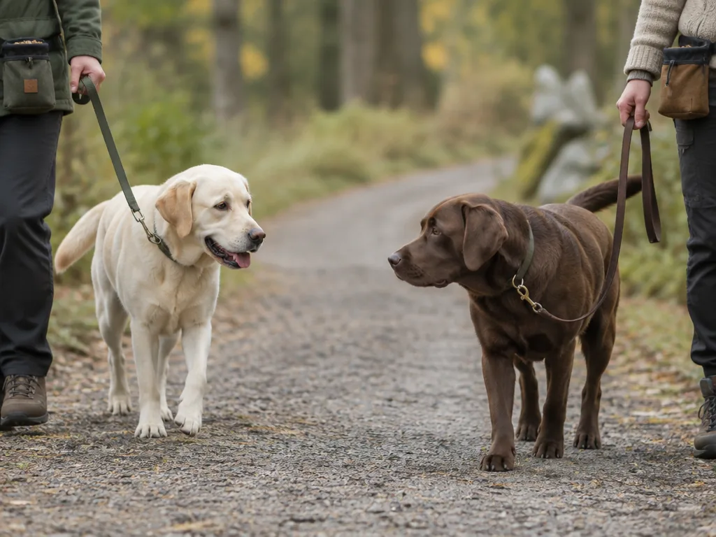 Två labradorar passerar varandra lugnt på koppel med gott avstånd under kontrollerad träning.