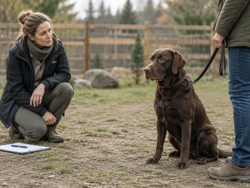 En hundbeteendevetare observerar en labrador och dess ägare under en professionell beteendekonsultation på en inhägnad träningsplan.