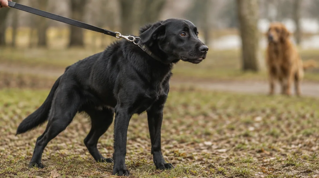 En svart labrador står spänd i koppel med öronen bakåt medan en annan hund syns suddigt i bakgrunden på en hundpromenad.