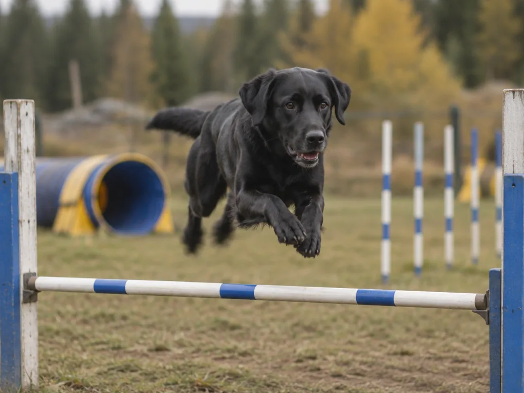 En labrador hoppar över ett lågt agilityhinder med tunnel och slalompinnar i bakgrunden.