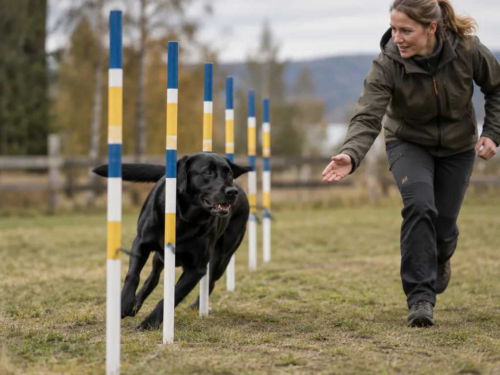 En svart labrador vinklar sig smidigt genom en rad slalompinnar på en agilitybana utomhus.