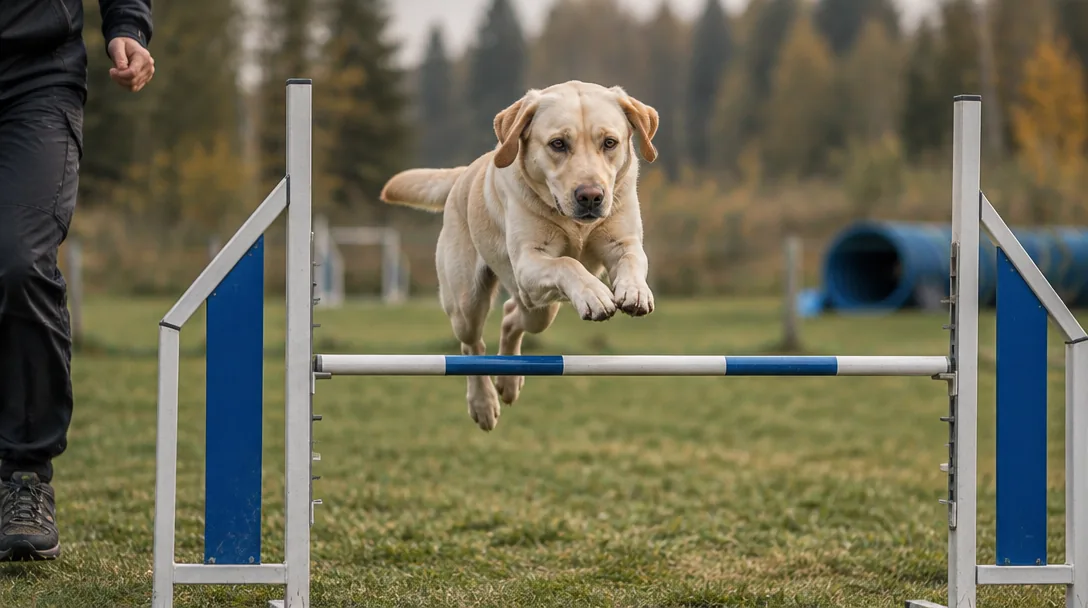 En gul labrador hoppar över ett agilityhinder på en utomhusbana med gräsmatta.