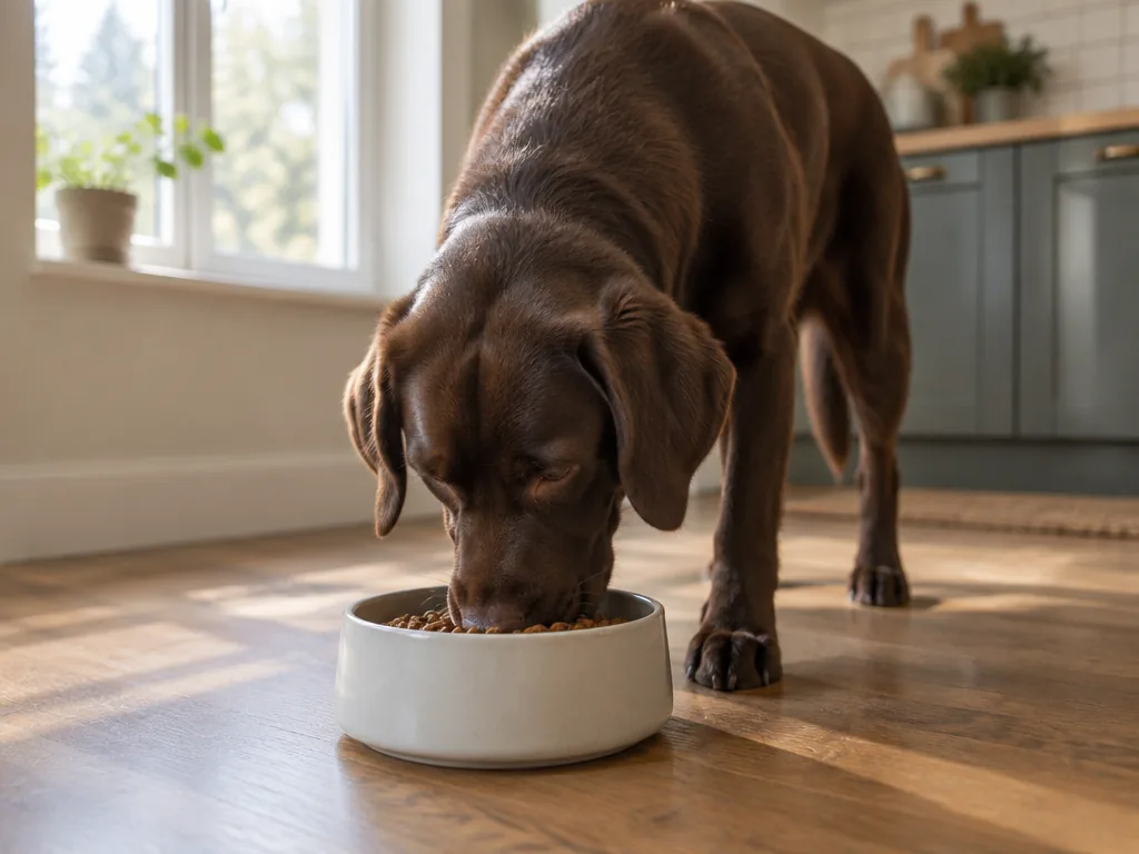En chokladbrun labrador äter ur en enkel skål med hypoallergent foder.