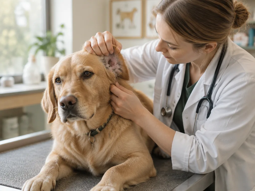 En veterinär undersöker öronen och huden på en labrador vid en allergiutredning på klinik.