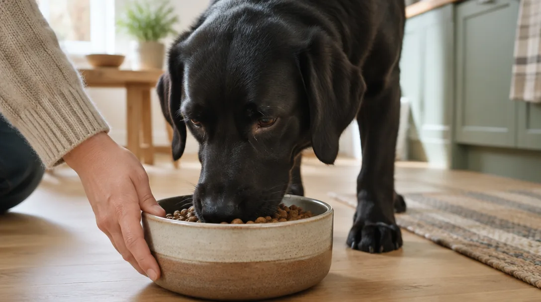 En svart labrador äter torrfoder ur en keramikskål i ett ljust kök.