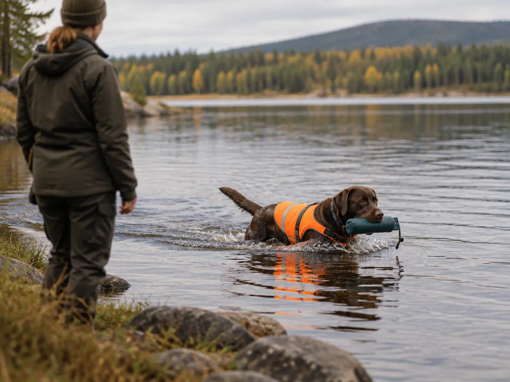 En choklad-labrador med säkerhetsväst simmar ut för att hämta en apportbring under vattenträning.