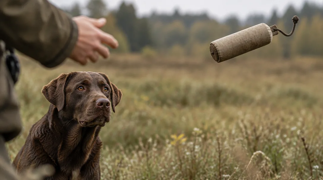 En hand kastar en apportbring över ett fält medan en choklad-labrador väntar uppmärksamt.