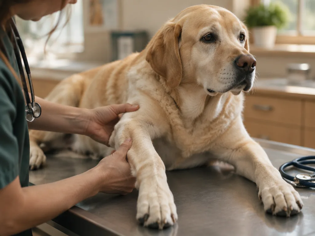 En veterinär undersöker försiktigt en labradors framben och armbågsled.