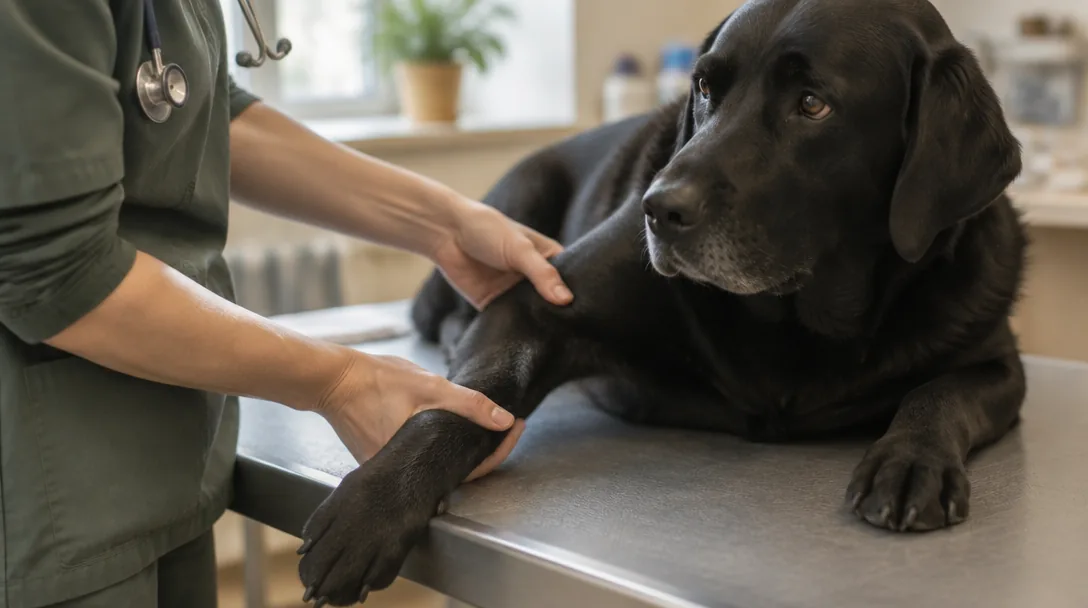 En veterinärs händer undersöker armbågsleden på en svart labrador som ligger på ett undersökningsbord.