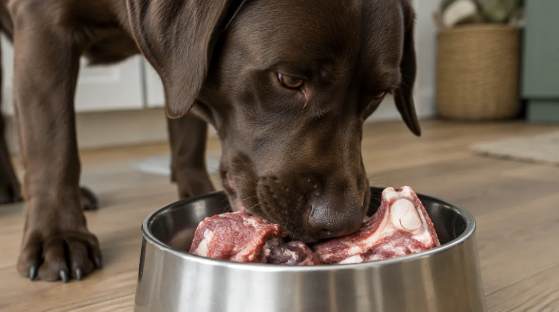 En choklad-labrador äter råfoder med köttbitar ur en stålskål på köksgolvet.