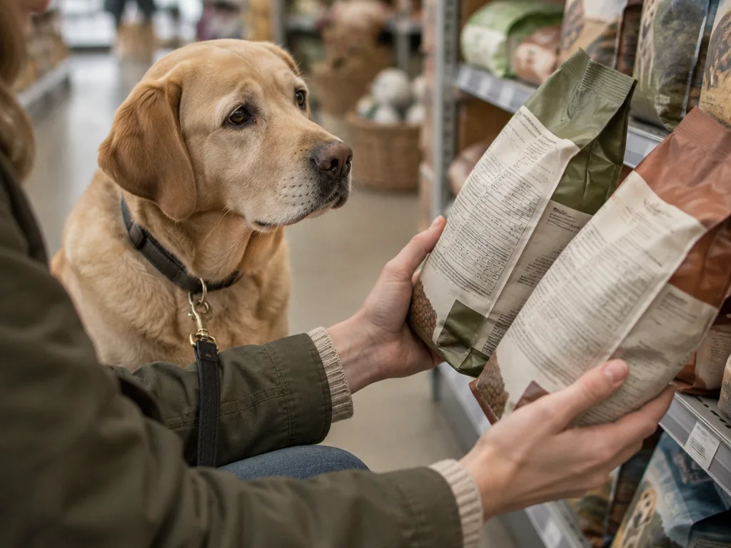 En hundägare jämför innehållsförteckningen på två foderpåsar i en zooaffär med sin labrador väntande bredvid.