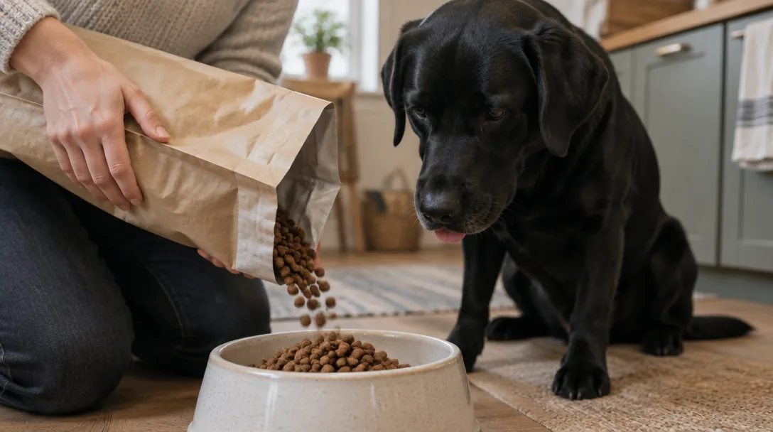Händer häller torrfoder från en påse i en skål medan en svart labrador väntar bredvid.