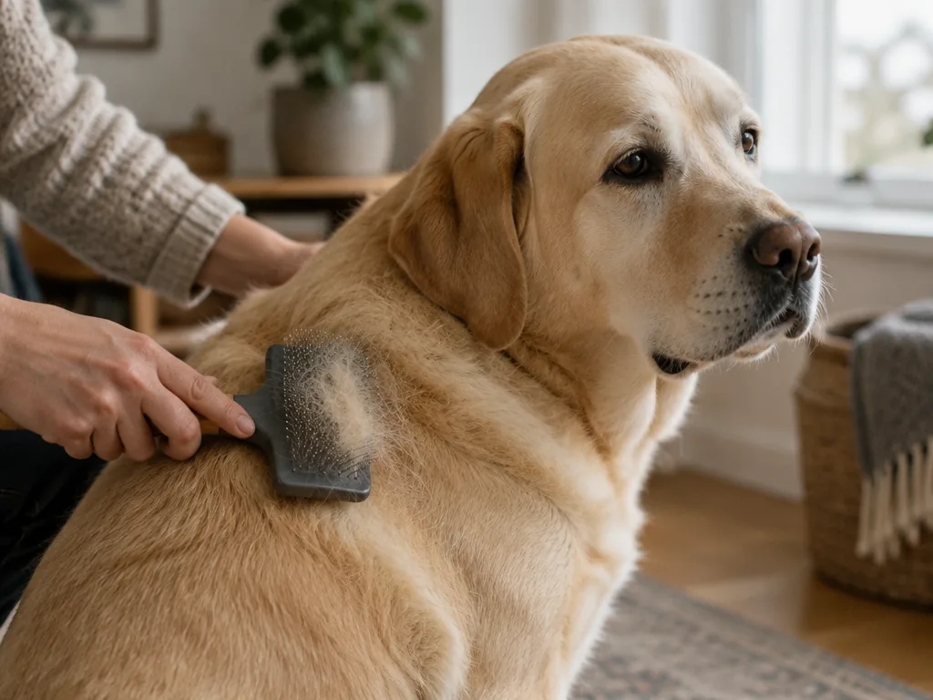En labradors päls borstas med en kardborste och löst hår fastnar i borsten.