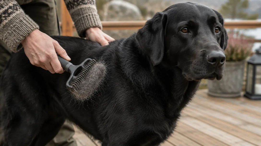Händer borstar en svart labrador med en avfällningskam på en trädäck, lös päls syns i verktyget.