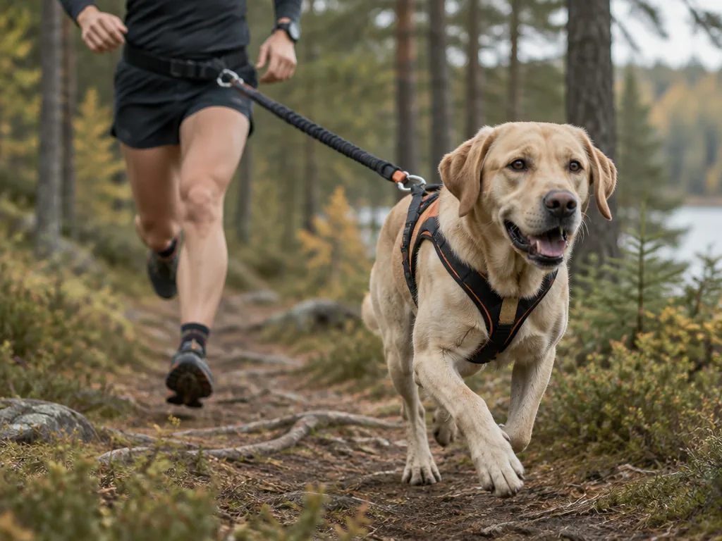 En labrador drar i canicross-selen framför en löpare på en skogsstig.