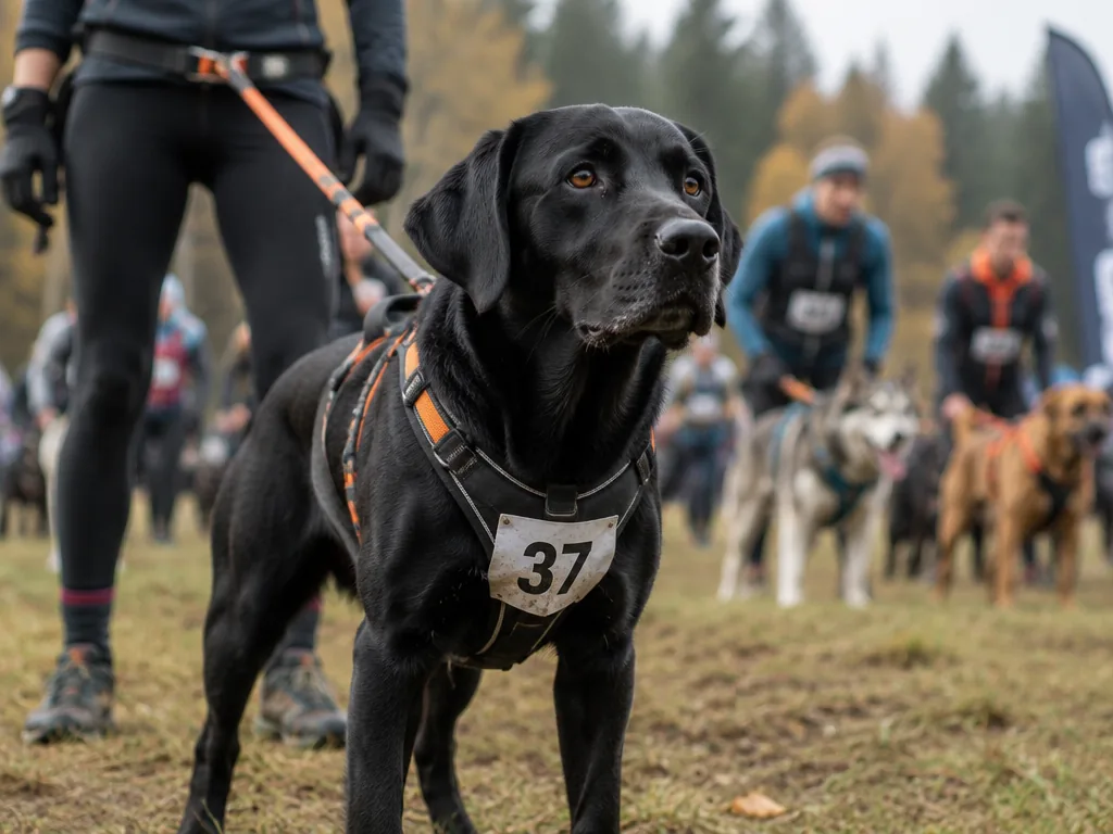 En labrador med tävlingsnummer på selen väntar vid startlinjen inför ett canicrosslopp.