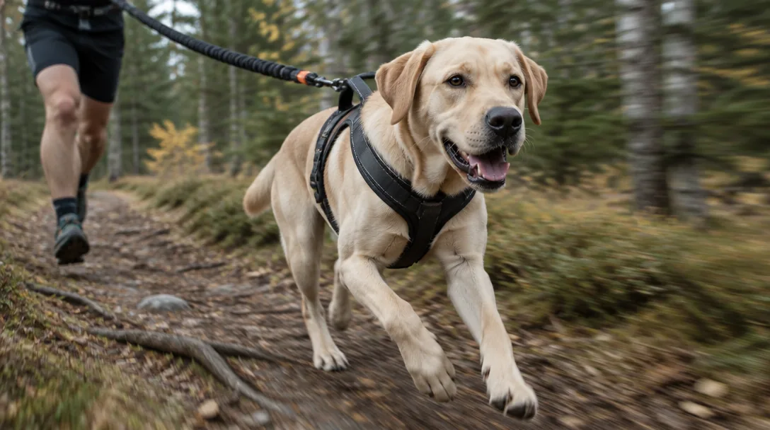 En gul labrador i draghandtag springer före på en skogsstig kopplad till en löparlina.