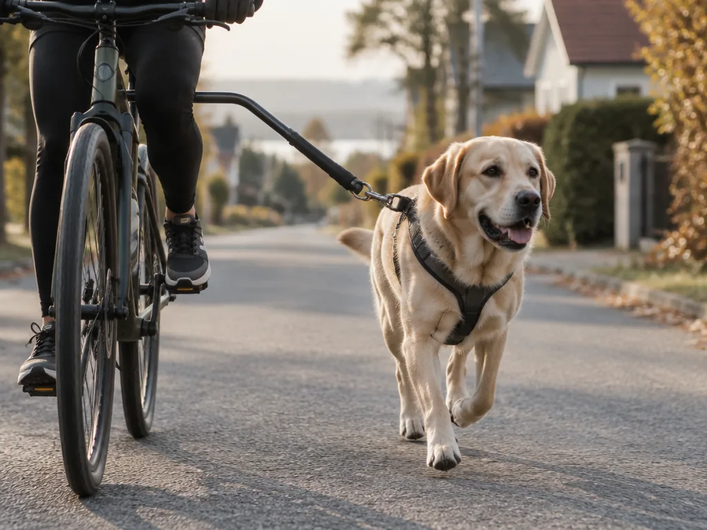En labrador travar jämsides med en cykel via en fjädrande cykelarm.