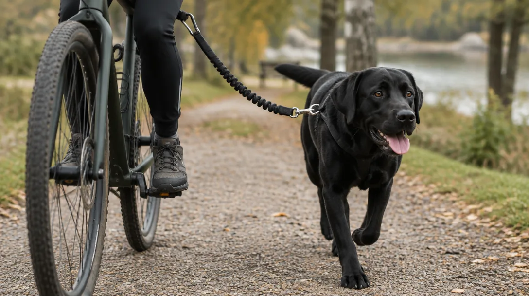 En svart labrador travar bredvid en cykel på en grusväg, fäst med en cykelkoppel.
