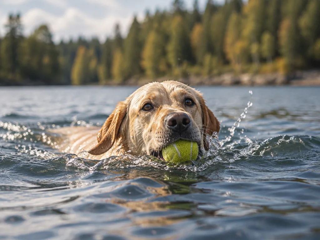 En labrador simmar i en sjö och apporterar en boll i vattnet.