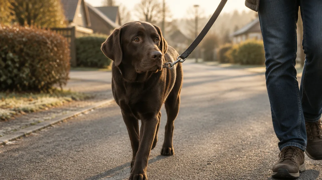 En choklad-labrador går i koppel på en tyst förortsgata i det tidiga morgonljuset.