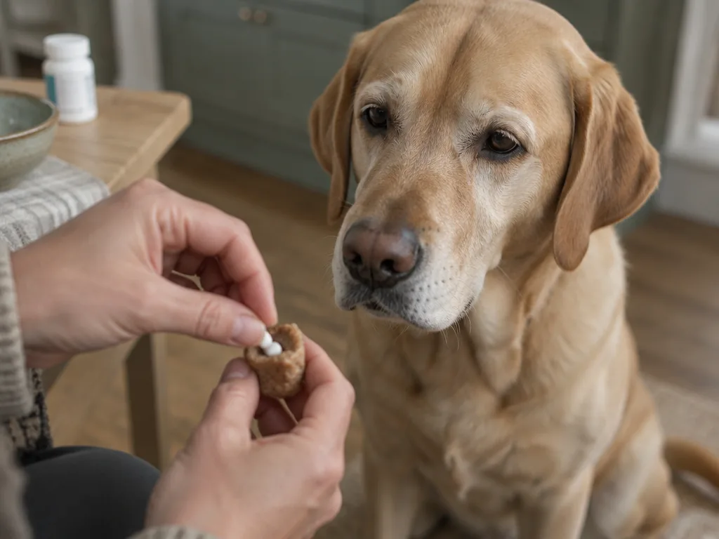 En tablett göms i en bit mjukmat inför medicinering av en labrador.