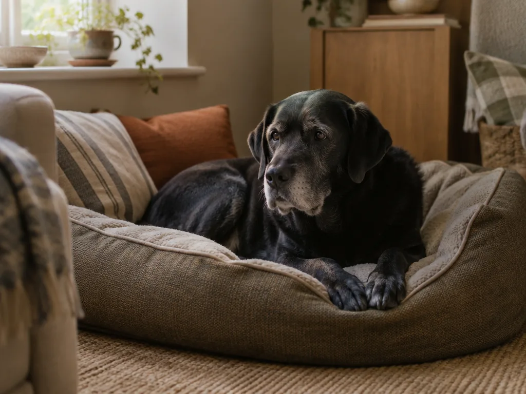 En labrador vilar lugnt i en mjuk, säker hörna av vardagsrummet anpassad för en hund med epilepsi.