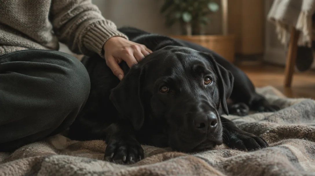 En svart labrador vilar lugnt på en filt hemma medan en hand tröstande vilar på dess axel.