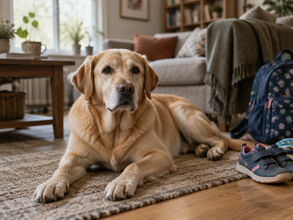 En labrador vilar lugnt på golvet i ett vardagsrum med barnens skor i bakgrunden.