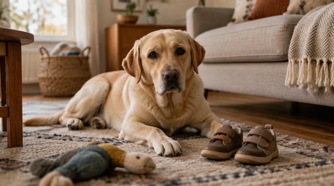 En gul labrador ligger på en matta i vardagsrummet bredvid ett par barnskor och en leksak.