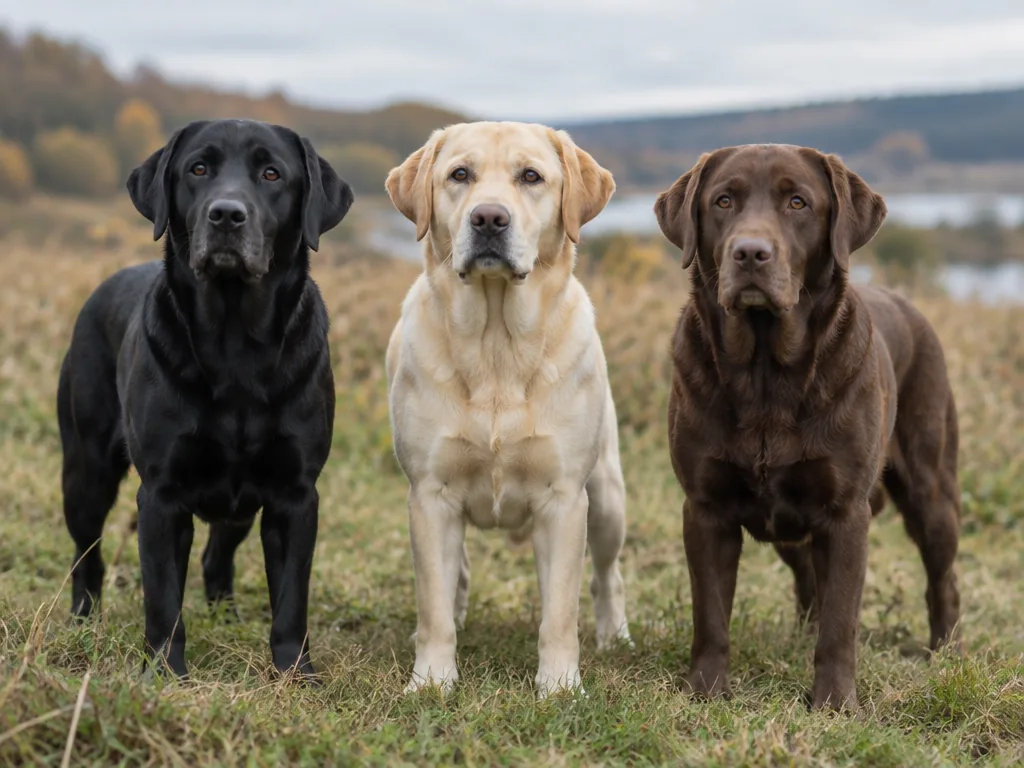 Tre labradorar i svart, gul och choklad står bredvid varandra utomhus.