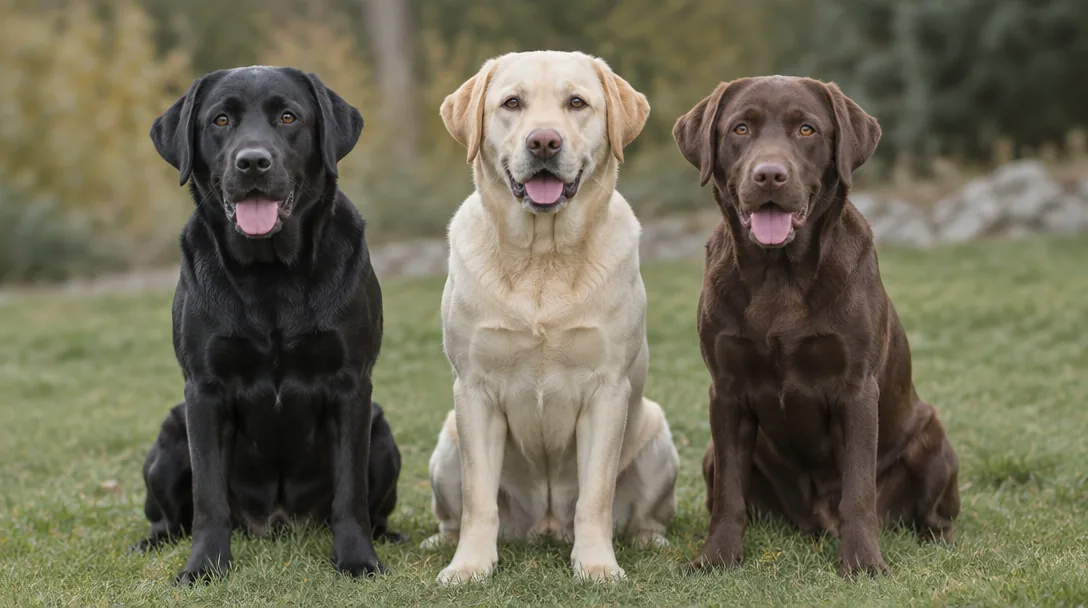 Tre labradorer i olika färger, svart, gul och choklad, sitter tillsammans på en gräsmatta.