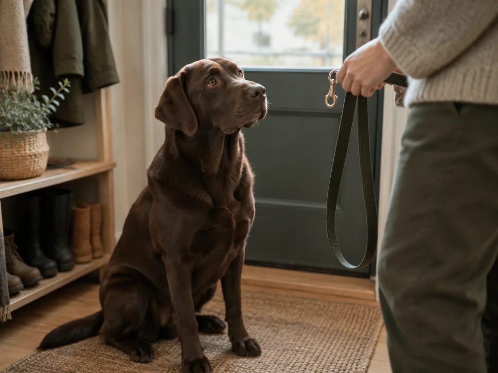 En choklad-labrador sitter lugnt vid ytterdörren och väntar innan ägaren fäster kopplet.