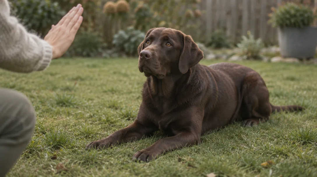 En choklad-labrador ligger ner på kommando i en trädgård medan en hand ger ett handsignal i bildkanten.