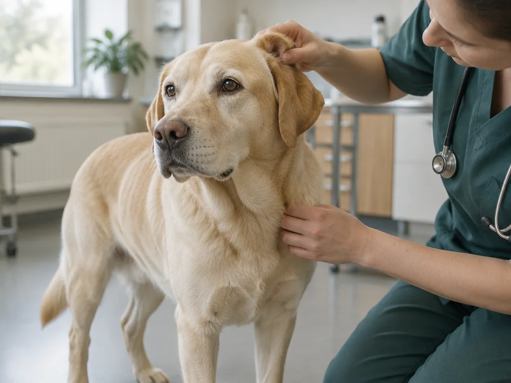 En veterinär kontrollerar öron och päls på en labrador vid en rutinundersökning.