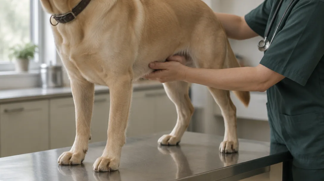 En gul labrador står på ett undersökningsbord på en veterinärklinik medan en veterinärs händer undersöker buken.