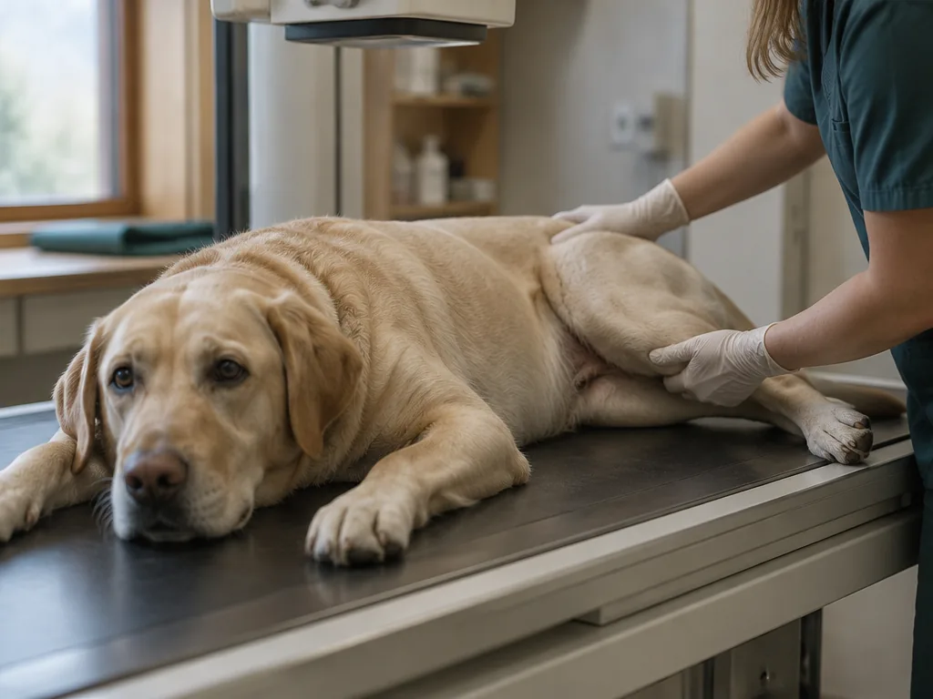 En labrador ligger stilla på röntgenbordet inför en höftledsundersökning.