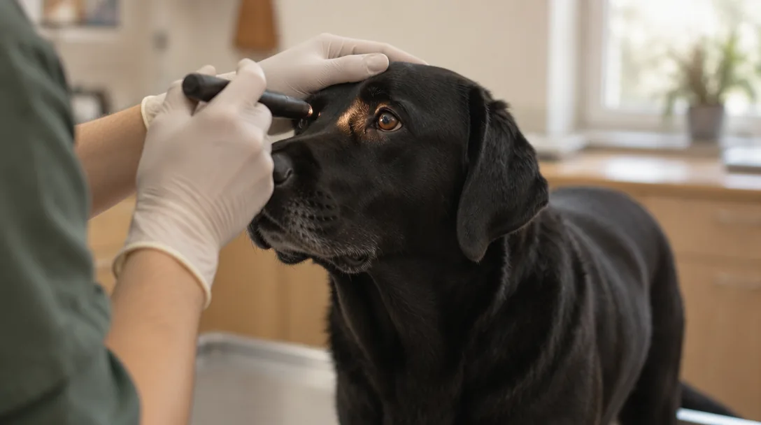 En svart labrador står lugnt medan en veterinärs händer utför en ögonundersökning med en liten lampa.