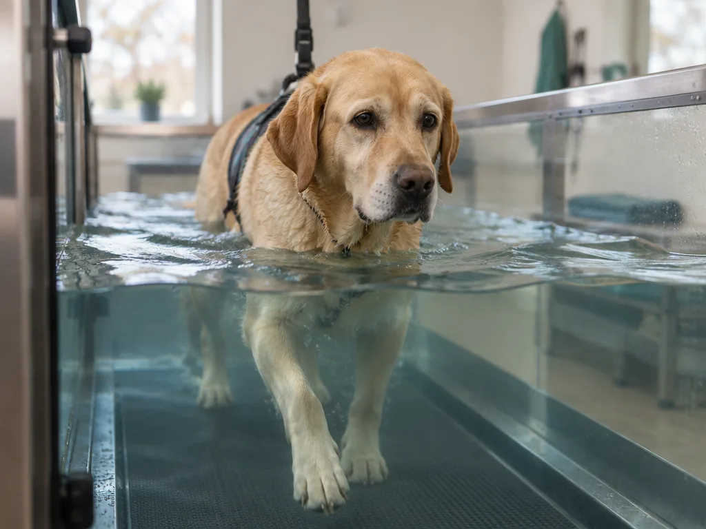 En labrador går försiktigt på ett undervattenslöpband under rehabilitering.