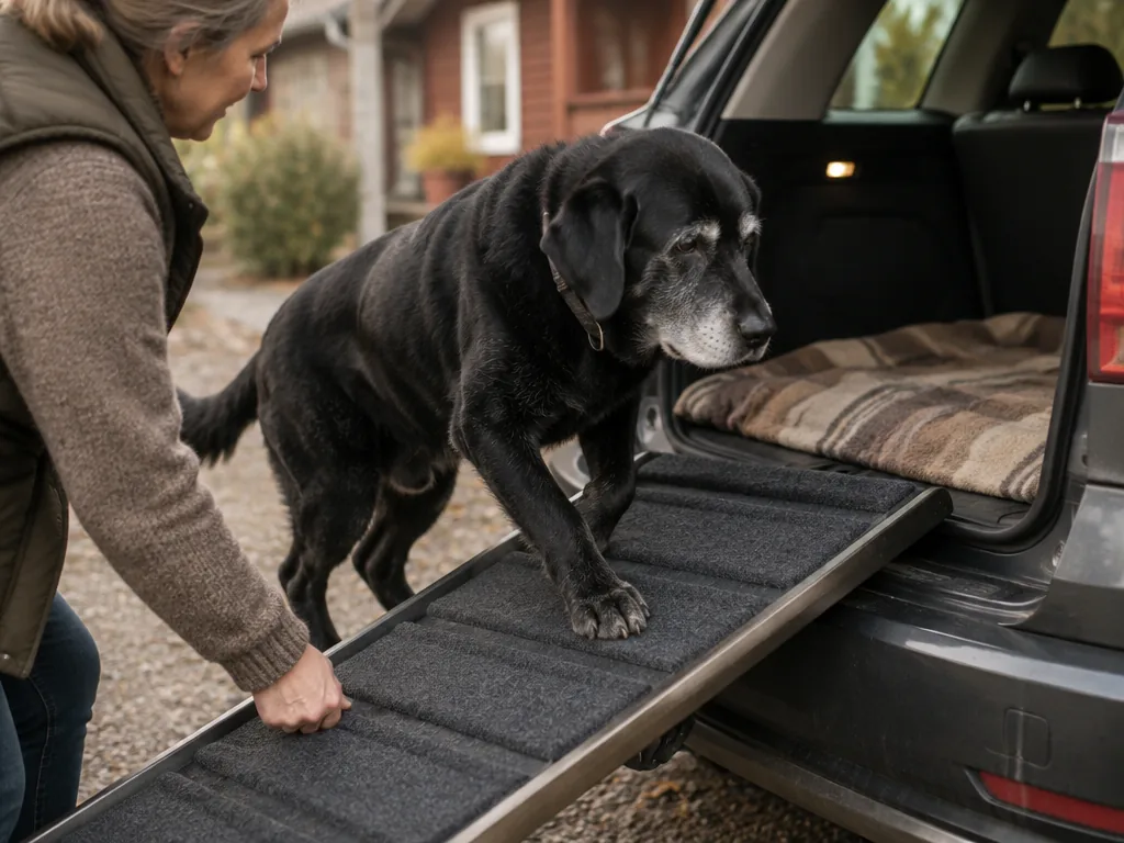 En äldre labrador går uppför en ramp in i bilen med hjälp av sin ägare för att skona höfterna.