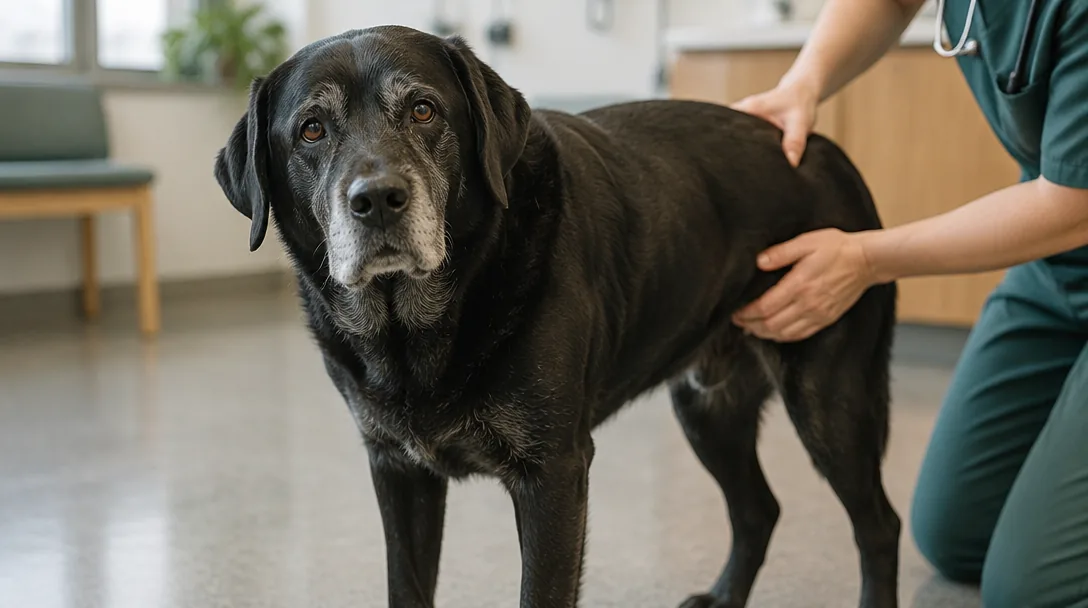 En äldre svart labrador med gråmulen nos står på golvet på en veterinärklinik medan en hand vilar på höften.