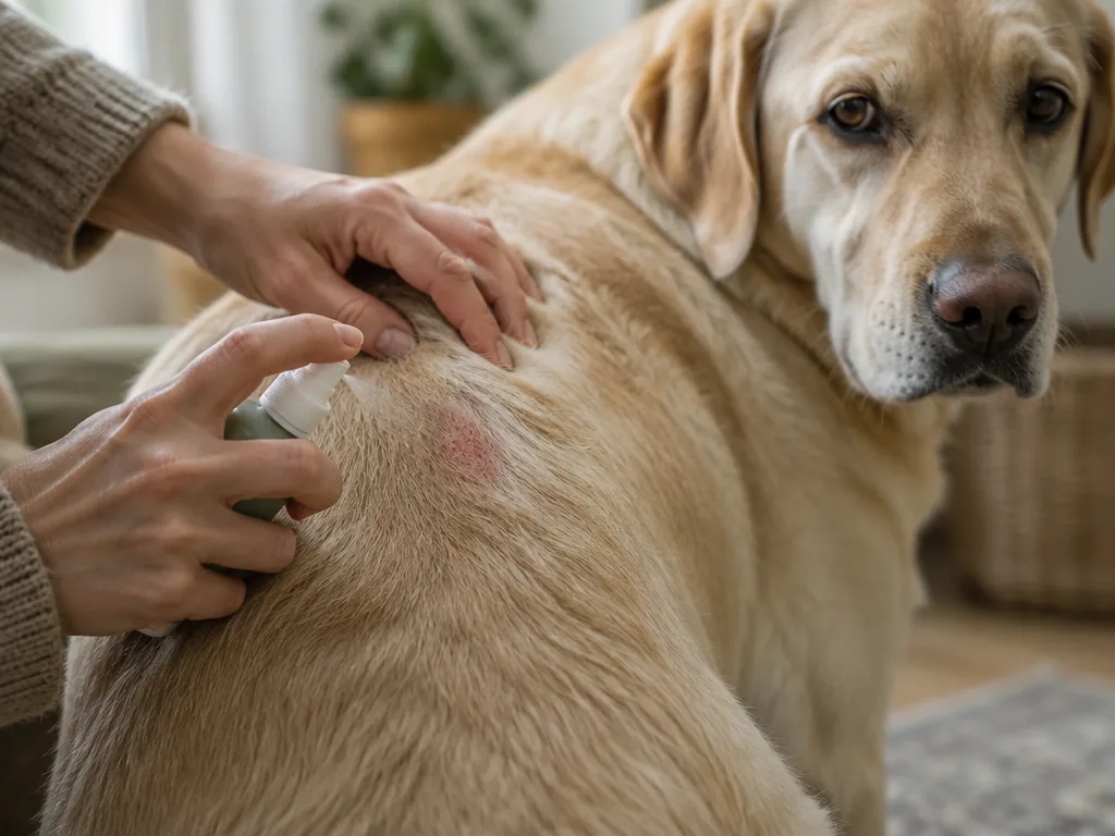 En hand sprayar en lugnande hudvätska på en irriterad fläck på en labradors sida.