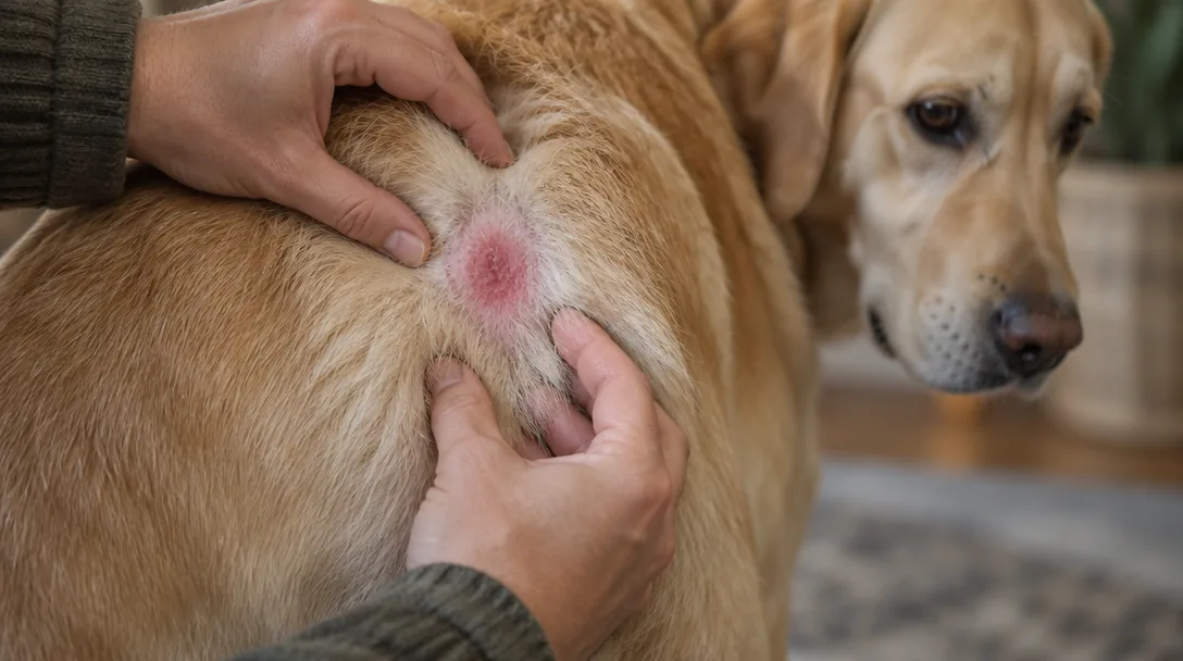 Händer särar på pälsen på en gul labradors sida för att undersöka ett rött hudirriterat område.
