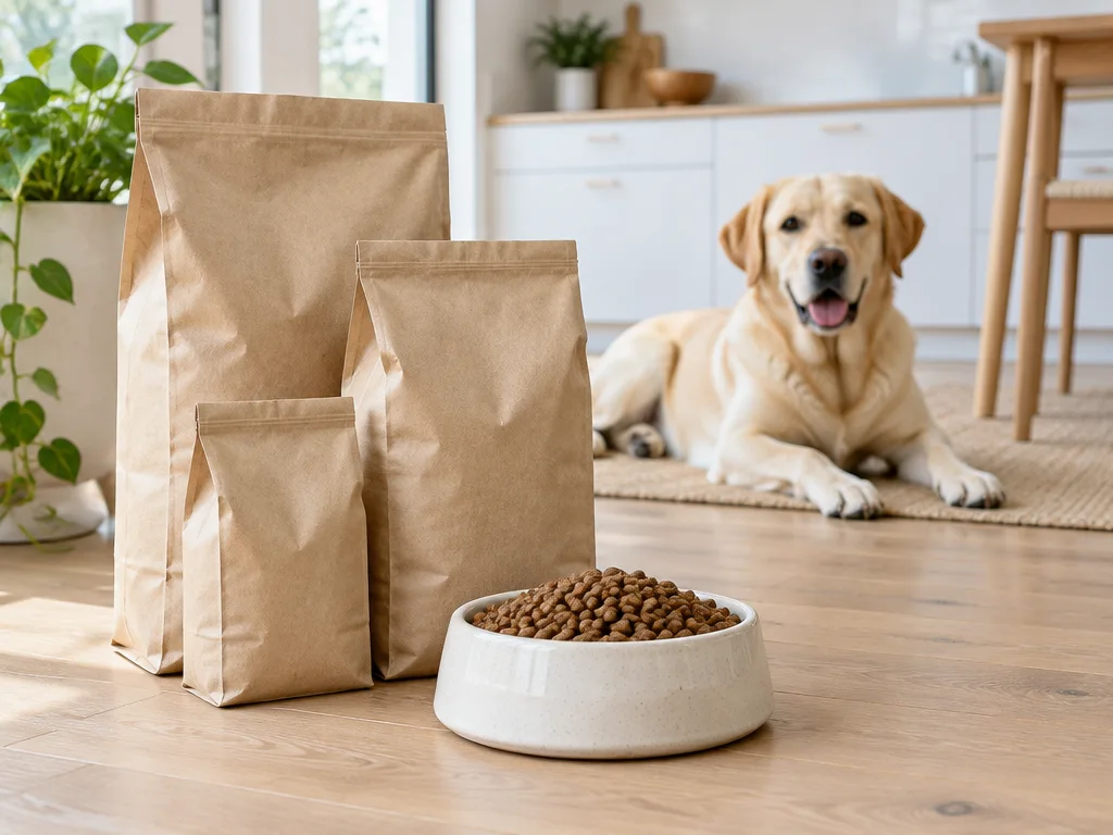 Tre omärkta papperspåsar med torrfoder och en vit skål med foderbitar på ett ljust trägolv i ett kök, en gul labrador som ligger i bakgrunden