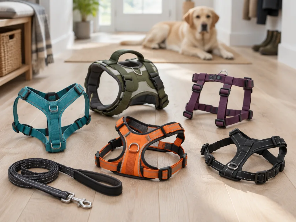 Fem omärkta hundselar i turkos, grönt, lila, orange och svart på ett ljust trägolv i en hall, ett svart koppel i förgrunden och en gul labrador som ligger i bakgrunden
