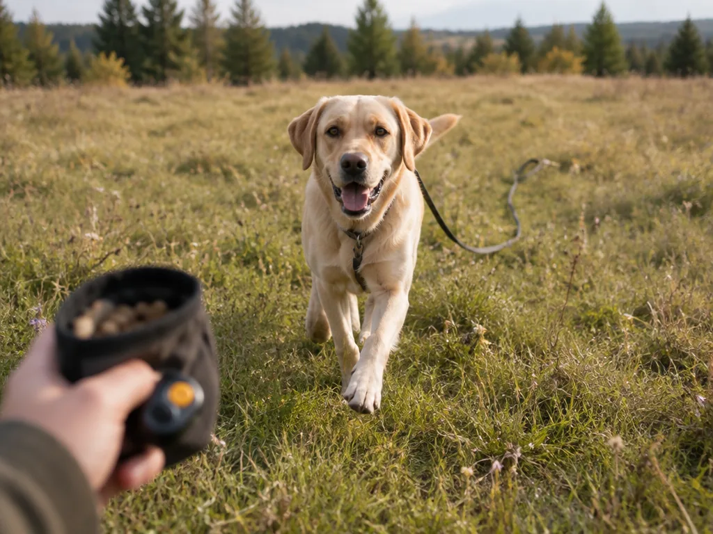 En labrador springer mot ägaren med en lång träningslina släpande efter sig.