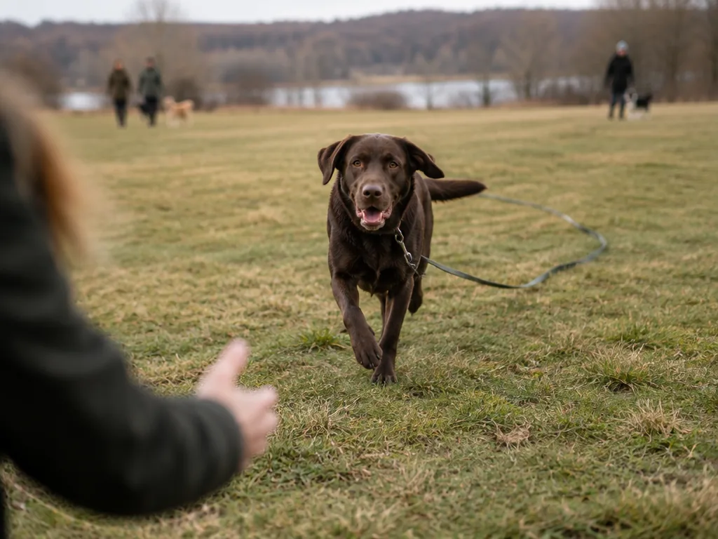 En labrador springer tillbaka över en öppen parkgräsmatta med en lång träningslina släpande, medan andra hundpromenerare syns i bakgrunden.