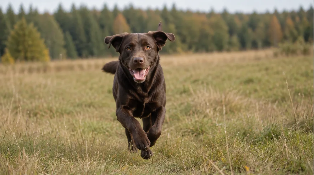 En choklad-labrador springer glatt över en äng mot kameran med öronen bakåtblåsta.