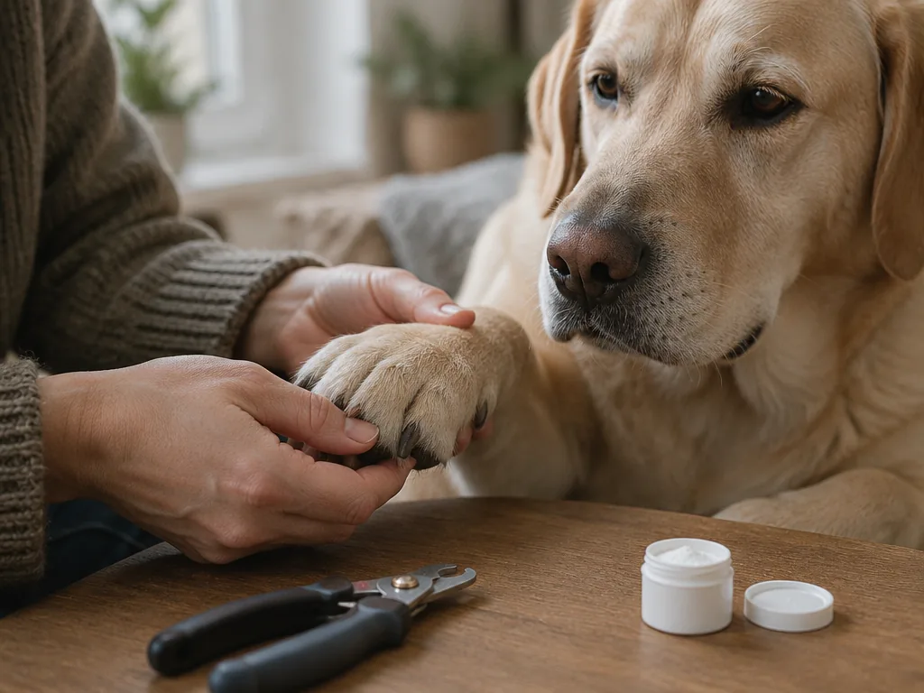 En labradors tass hålls försiktigt medan klosaxen och blodstillande pulver ligger redo bredvid.