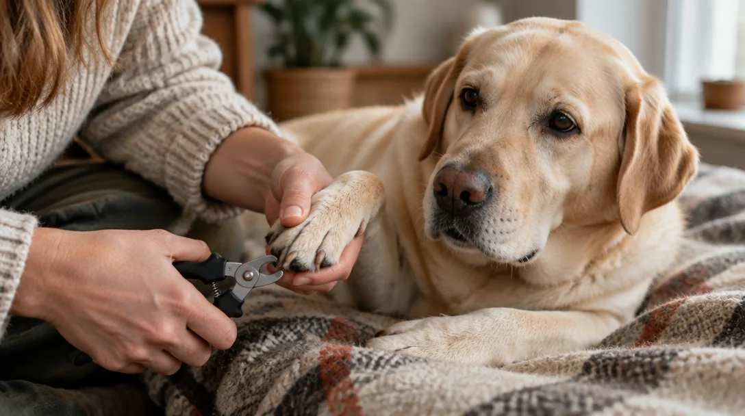 En person håller en gul labradors framtass och klipper en klo medan hunden ligger lugnt på en filt.